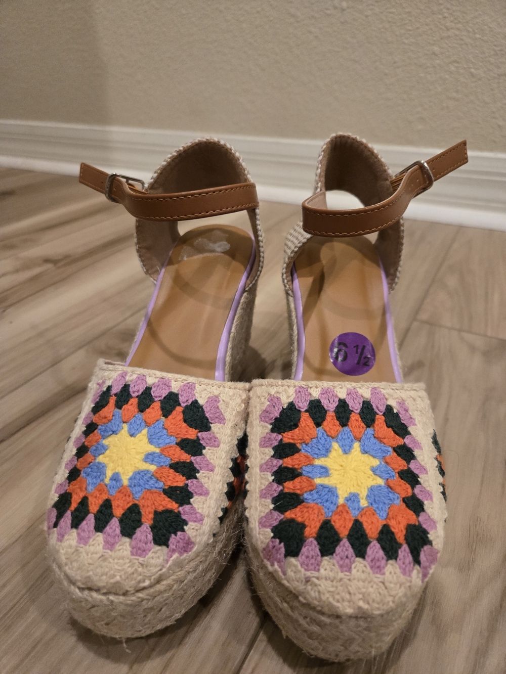 Woven Crochet Espadrille Platform Sandals - Tan with Multicolor Crochet
